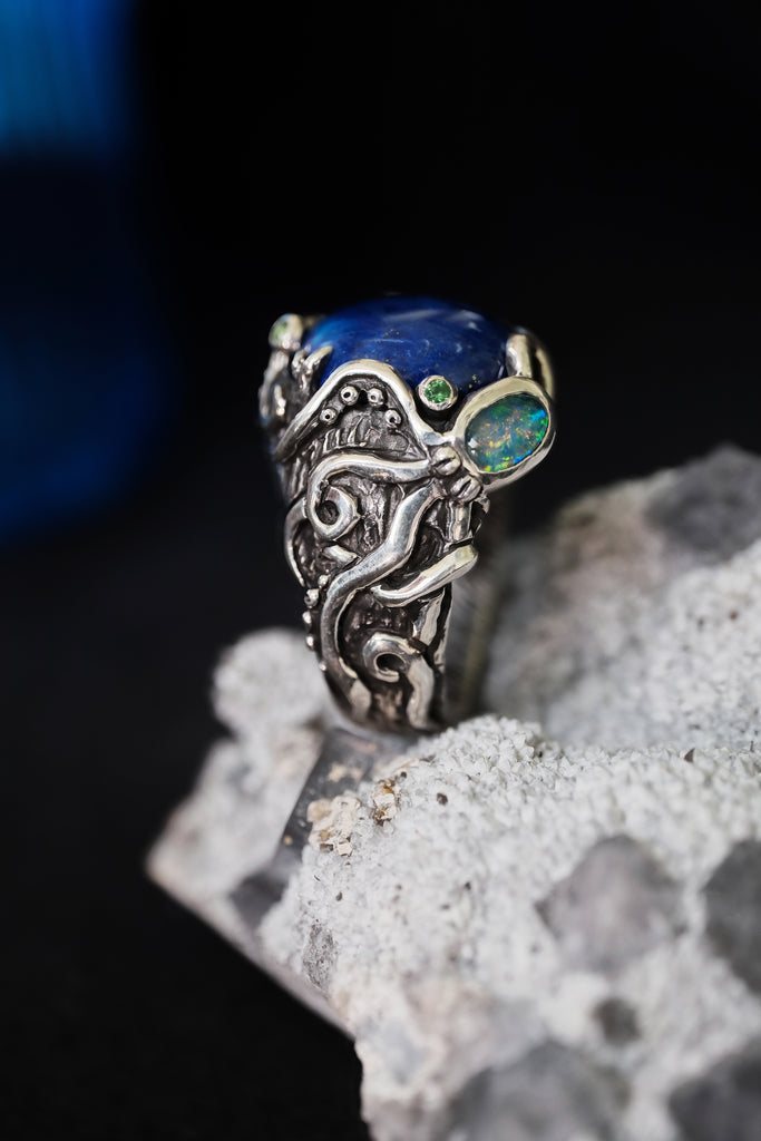 Silver Octopus Ring "Twain" with Boulder Opal, Tsavorite & Lapis