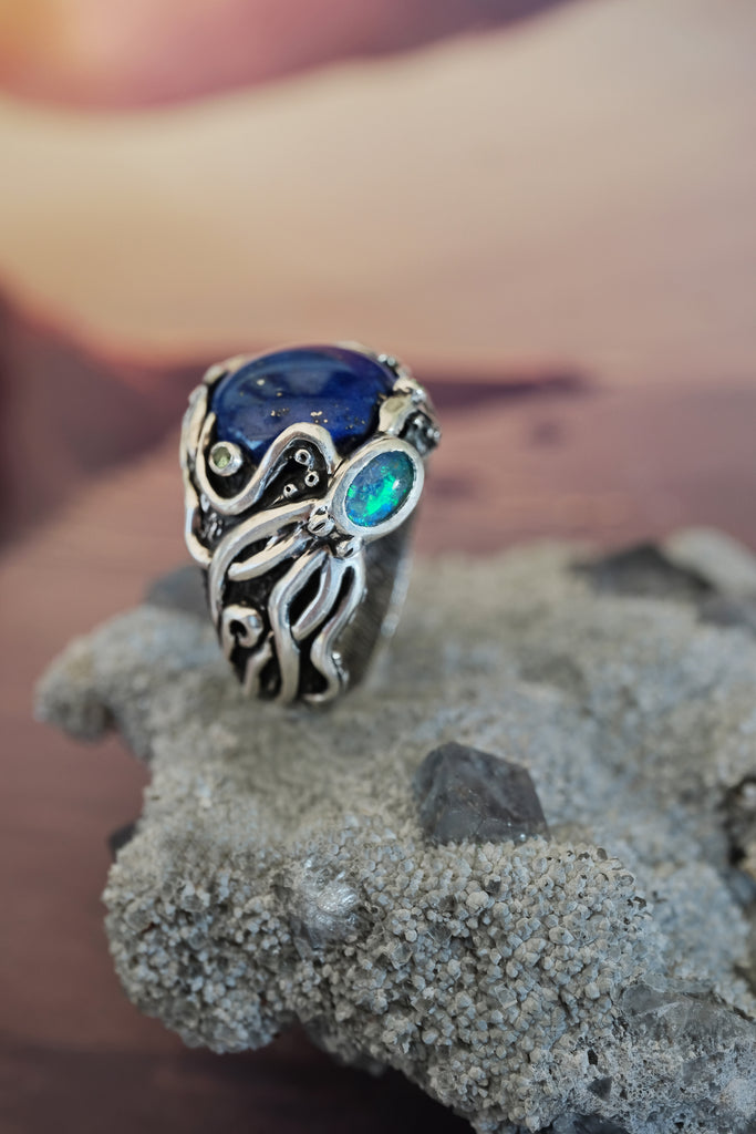 Silver Octopus Ring "Twain" with Boulder Opal, Tsavorite & Lapis