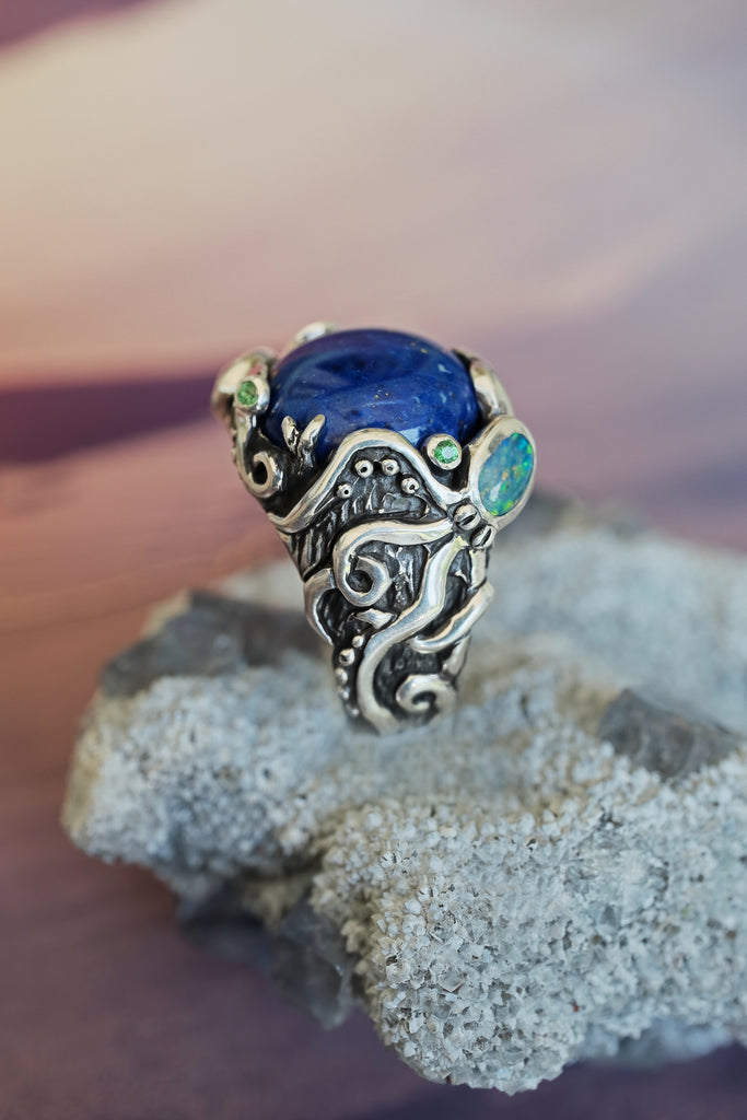 Silver Octopus Ring "Twain" with Boulder Opal, Tsavorite & Lapis