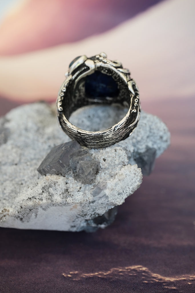 Silver Octopus Ring "Twain" with Boulder Opal, Tsavorite & Lapis