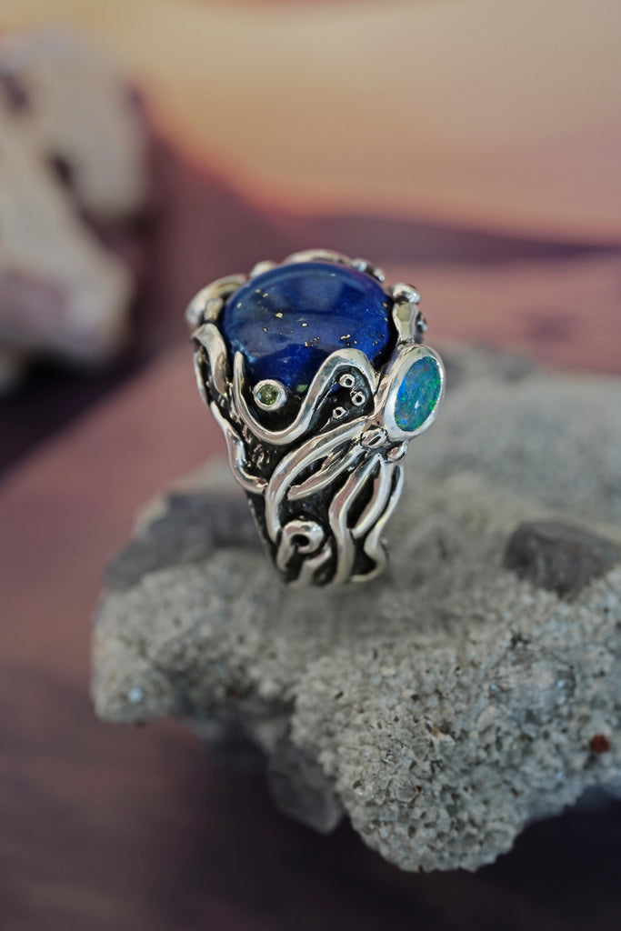 Silver Octopus Ring "Twain" with Boulder Opal, Tsavorite & Lapis