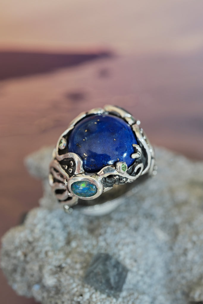 Silver Octopus Ring "Twain" with Boulder Opal, Tsavorite & Lapis