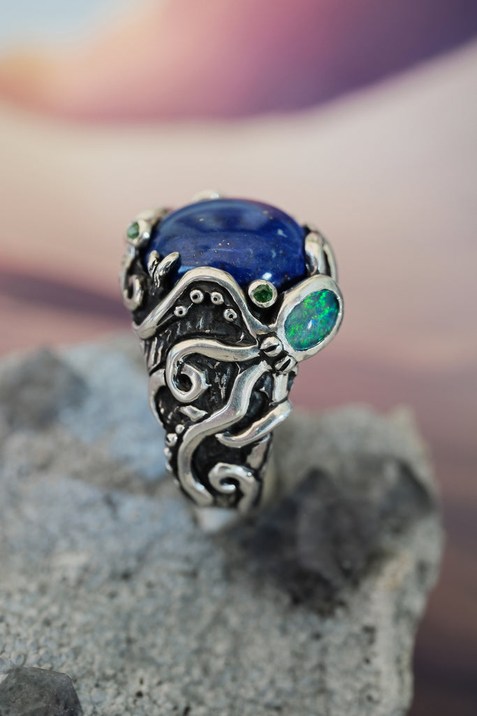 Silver Octopus Ring "Twain" with Boulder Opal, Tsavorite & Lapis