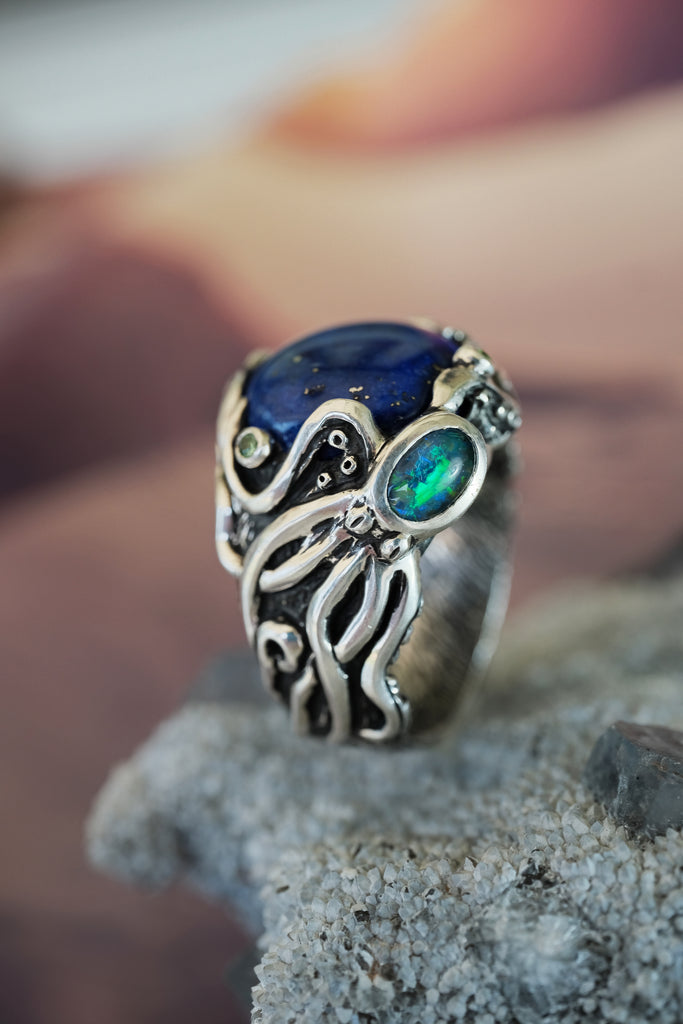 Silver Octopus Ring "Twain" with Boulder Opal, Tsavorite & Lapis