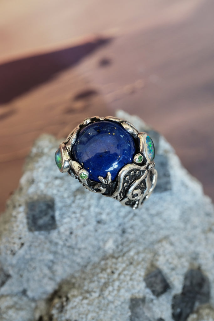Silver Octopus Ring "Twain" with Boulder Opal, Tsavorite & Lapis