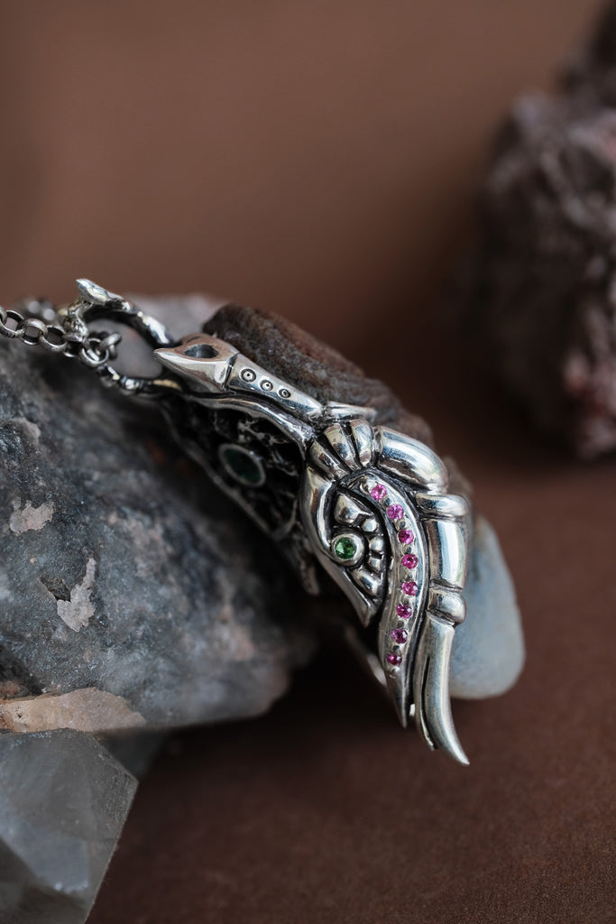 "Time" Rare Gobi Agate Silver Pendant with Rubies, Tsavorites & Emerald