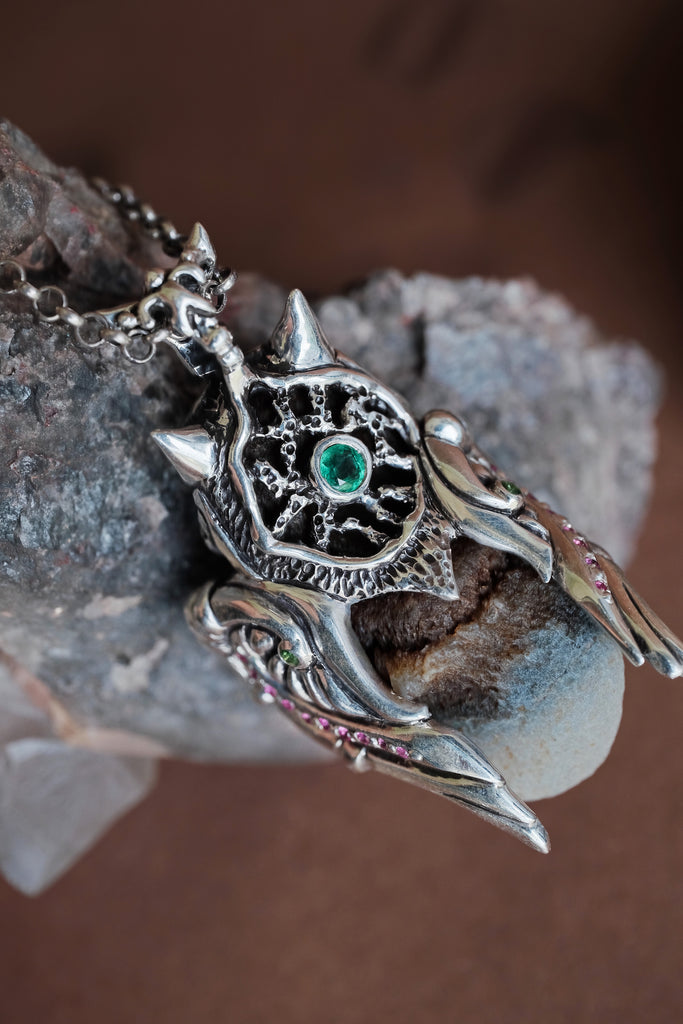 "Time" Rare Gobi Agate Silver Pendant with Rubies, Tsavorites & Emerald