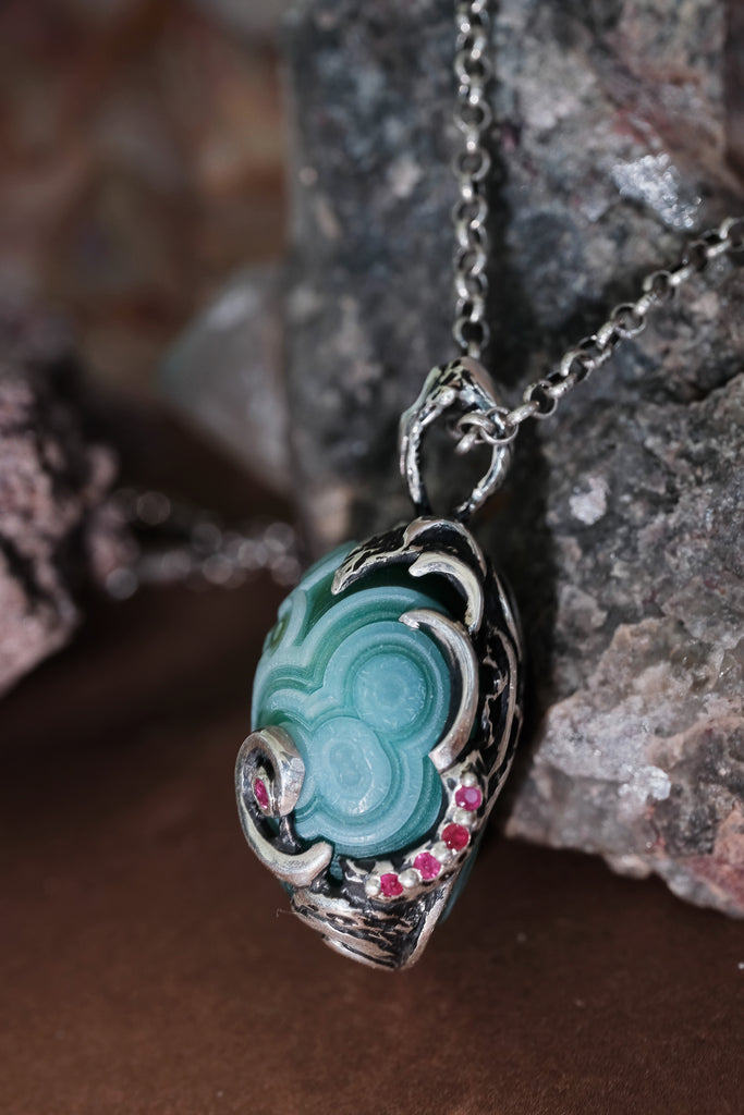 "Sign" Reversible Green Gobi Agate Talisman in Silver with Natural Rubies
