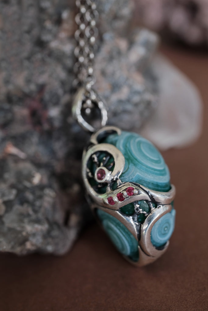 "Sign" Reversible Green Gobi Agate Talisman in Silver with Natural Rubies