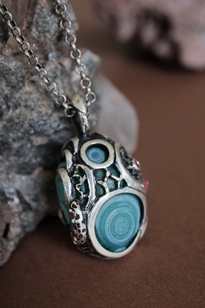 "Sign" Reversible Green Gobi Agate Talisman in Silver with Natural Rubies