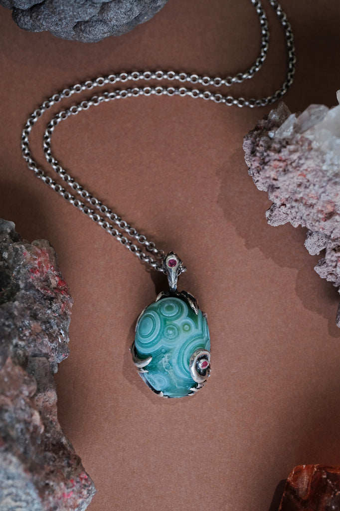 "Sign" Reversible Green Gobi Agate Talisman in Silver with Natural Rubies