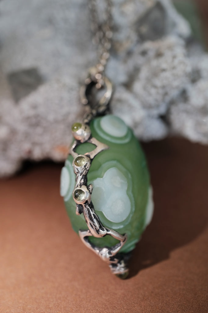 "Wind" Artisan Silver Pendant with Rare Gobi Agate and Peridots