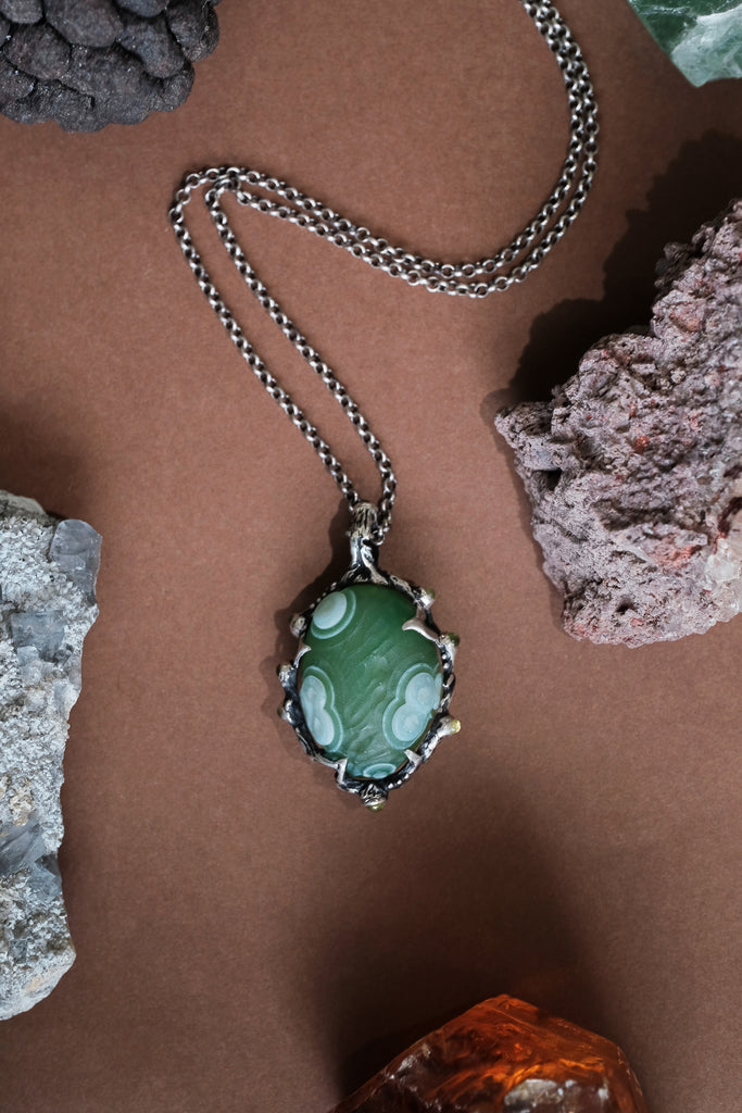 "Wind" Artisan Silver Pendant with Rare Gobi Agate and Peridots