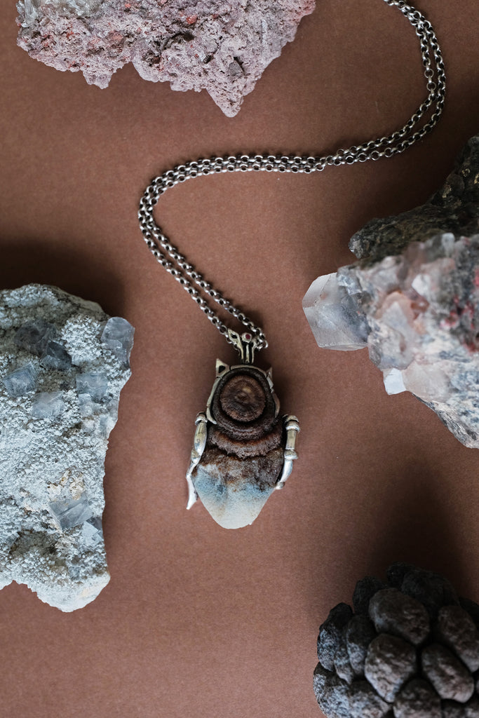 "Time" Rare Gobi Agate Silver Pendant with Rubies, Tsavorites & Emerald