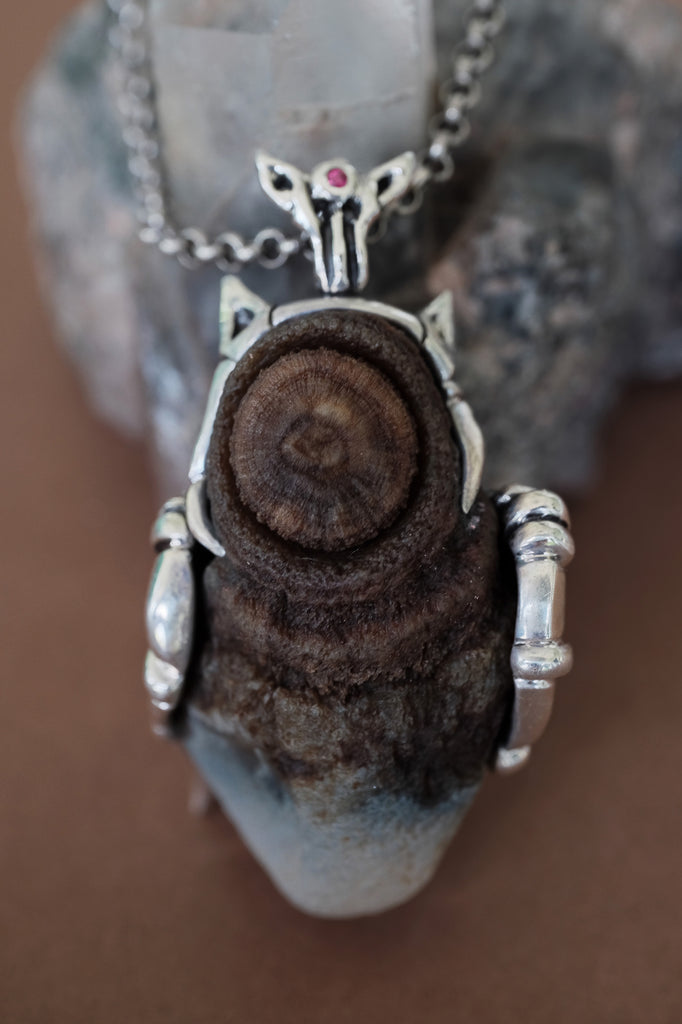 "Time" Rare Gobi Agate Silver Pendant with Rubies, Tsavorites & Emerald