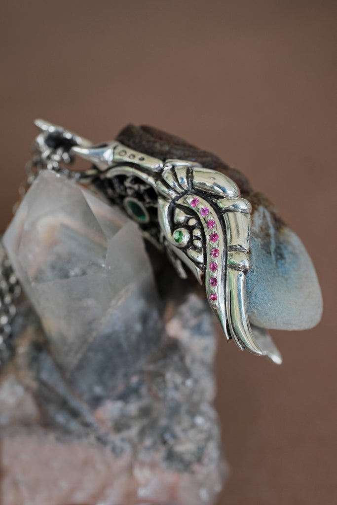 "Time" Rare Gobi Agate Silver Pendant with Rubies, Tsavorites & Emerald