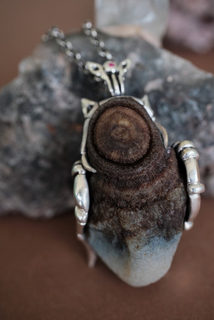 "Time" Rare Gobi Agate Silver Pendant with Rubies, Tsavorites & Emerald