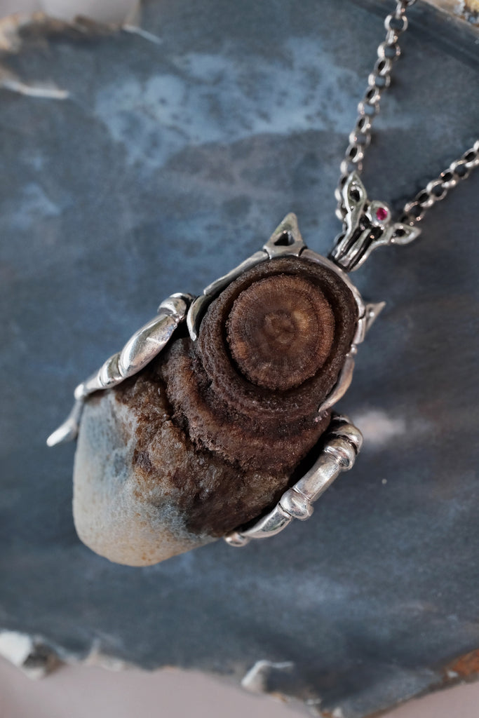 "Time" Rare Gobi Agate Silver Pendant with Rubies, Tsavorites & Emerald