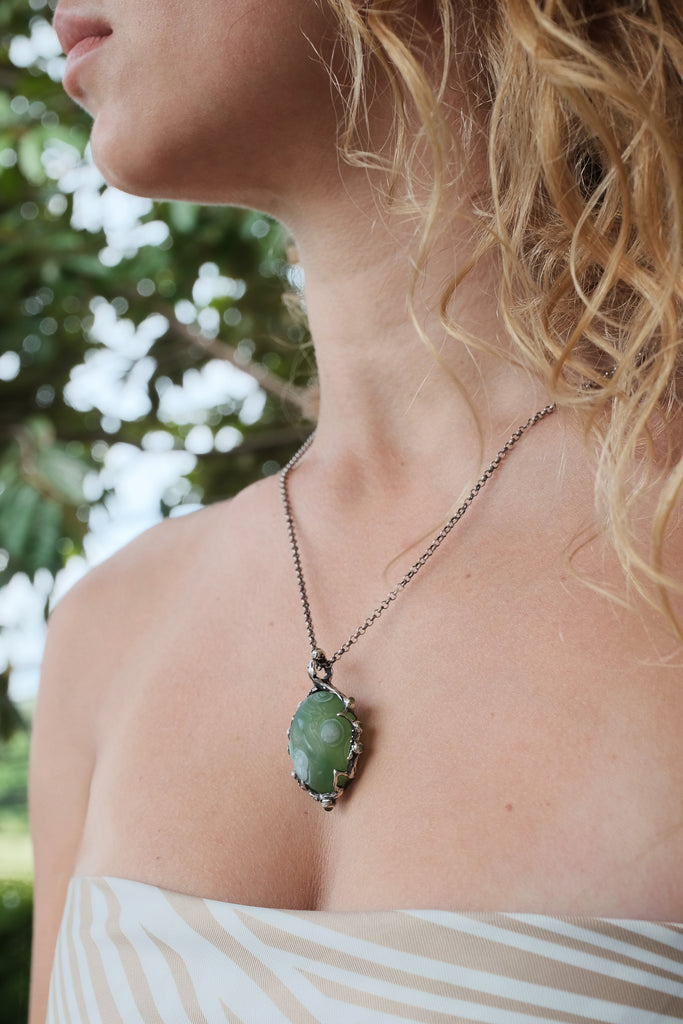 "Wind" Artisan Silver Pendant with Rare Gobi Agate and Peridots