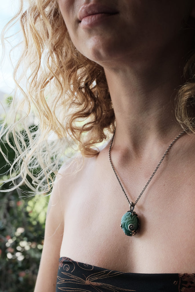 "Sign" Reversible Green Gobi Agate Talisman in Silver with Natural Rubies