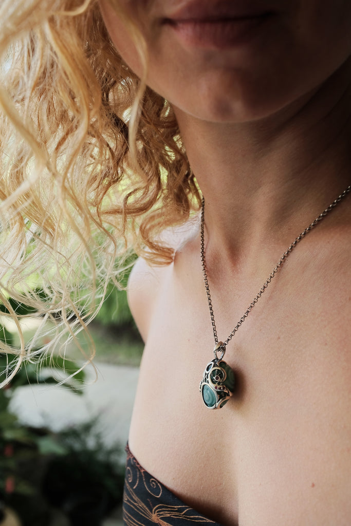 "Sign" Reversible Green Gobi Agate Talisman in Silver with Natural Rubies