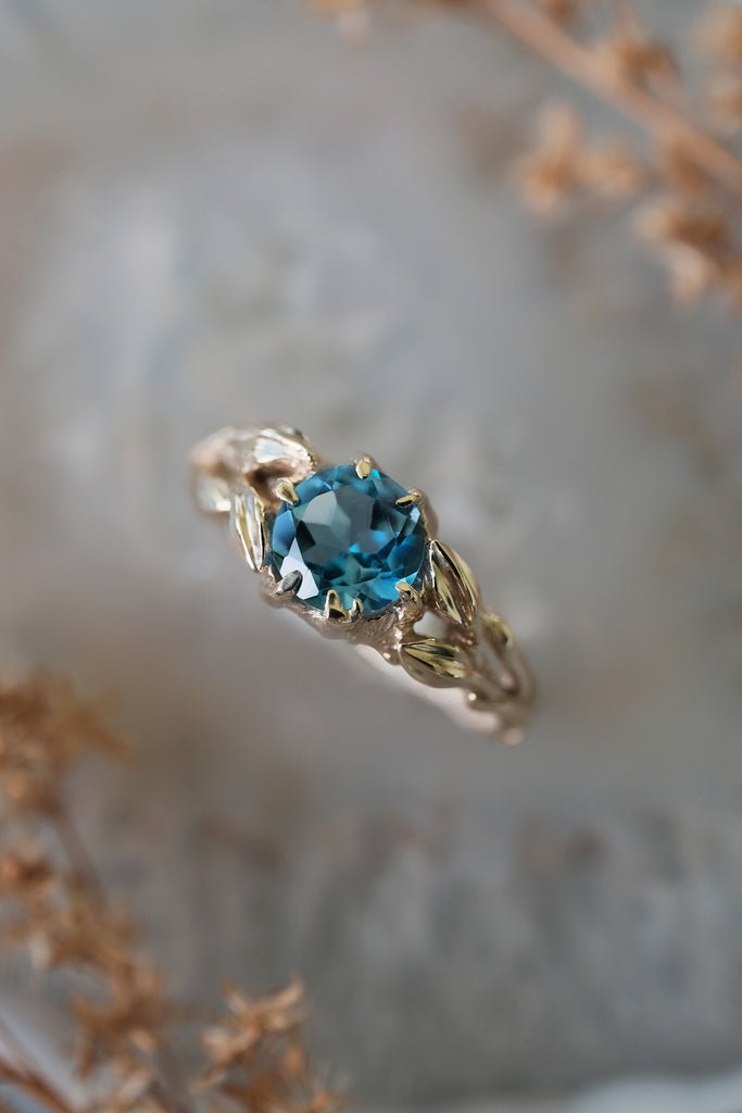 "Louise" Swiss Blue Topaz Leaf Solitaire Ring in 14K Gold