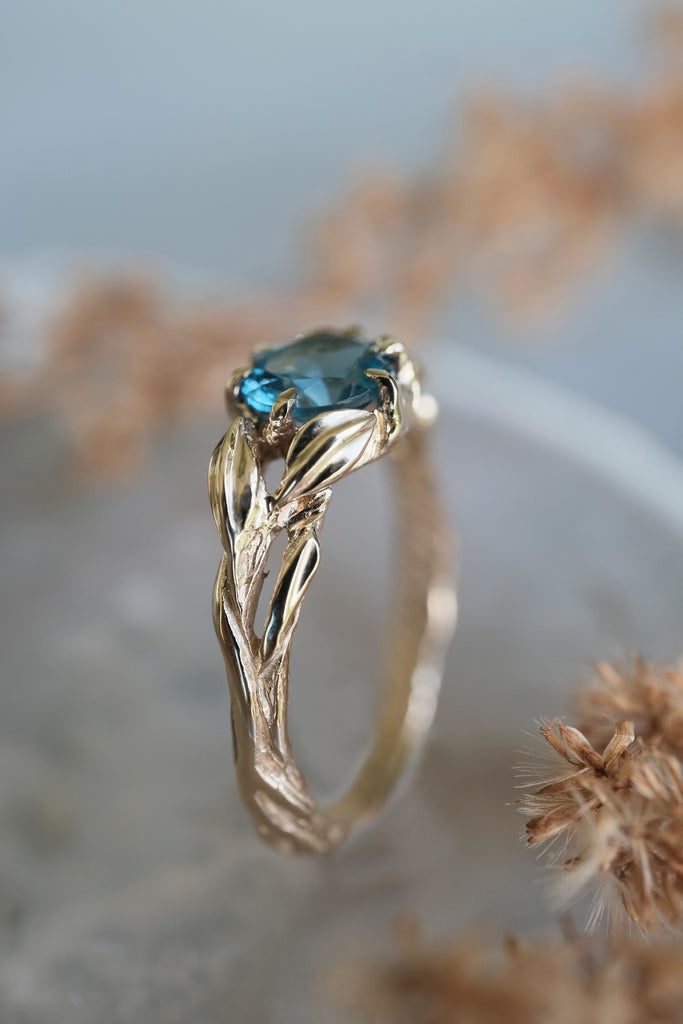 "Louise" Swiss Blue Topaz Leaf Solitaire Ring in 14K Gold