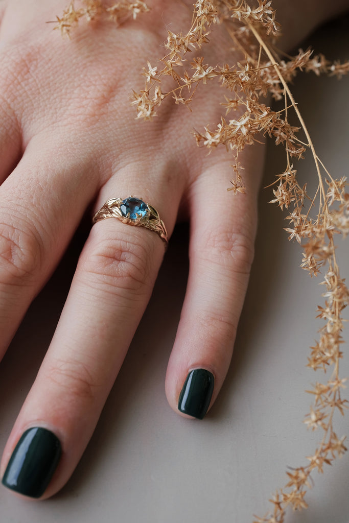 "Louise" Swiss Blue Topaz Leaf Solitaire Ring in 14K Gold