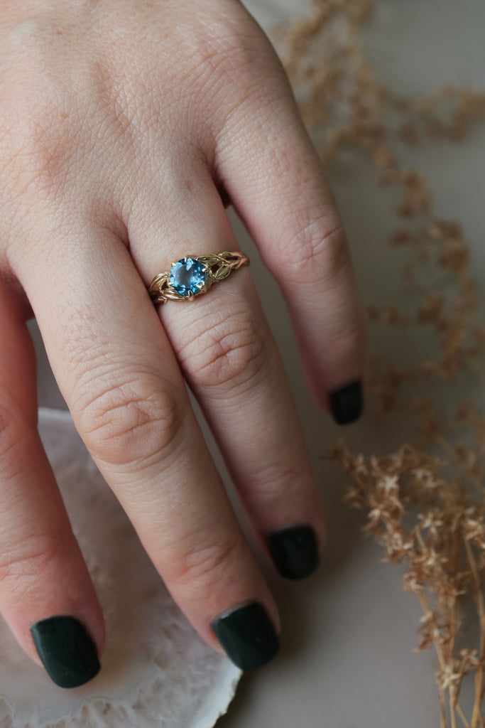 "Louise" Swiss Blue Topaz Leaf Solitaire Ring in 14K Gold