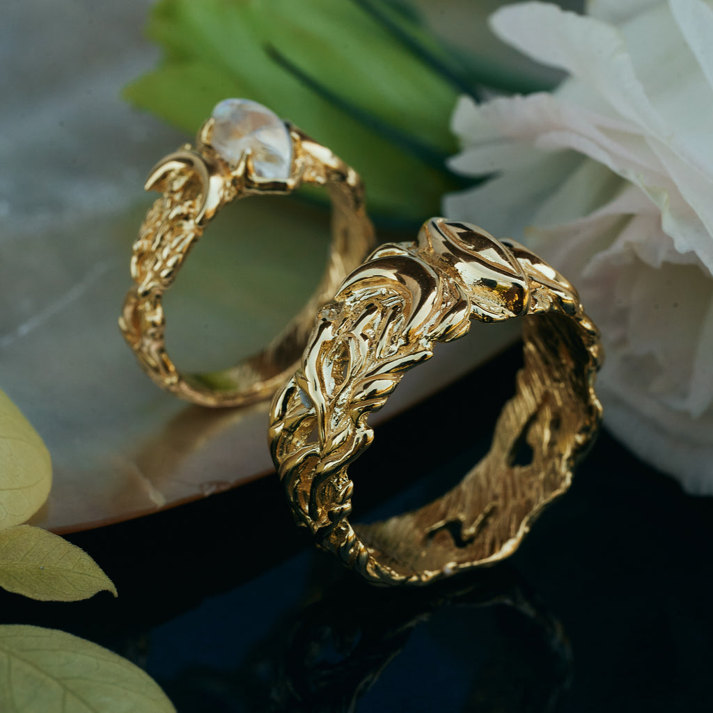 14K Sold Gold Wedding Rings with Moonstone "Soma"