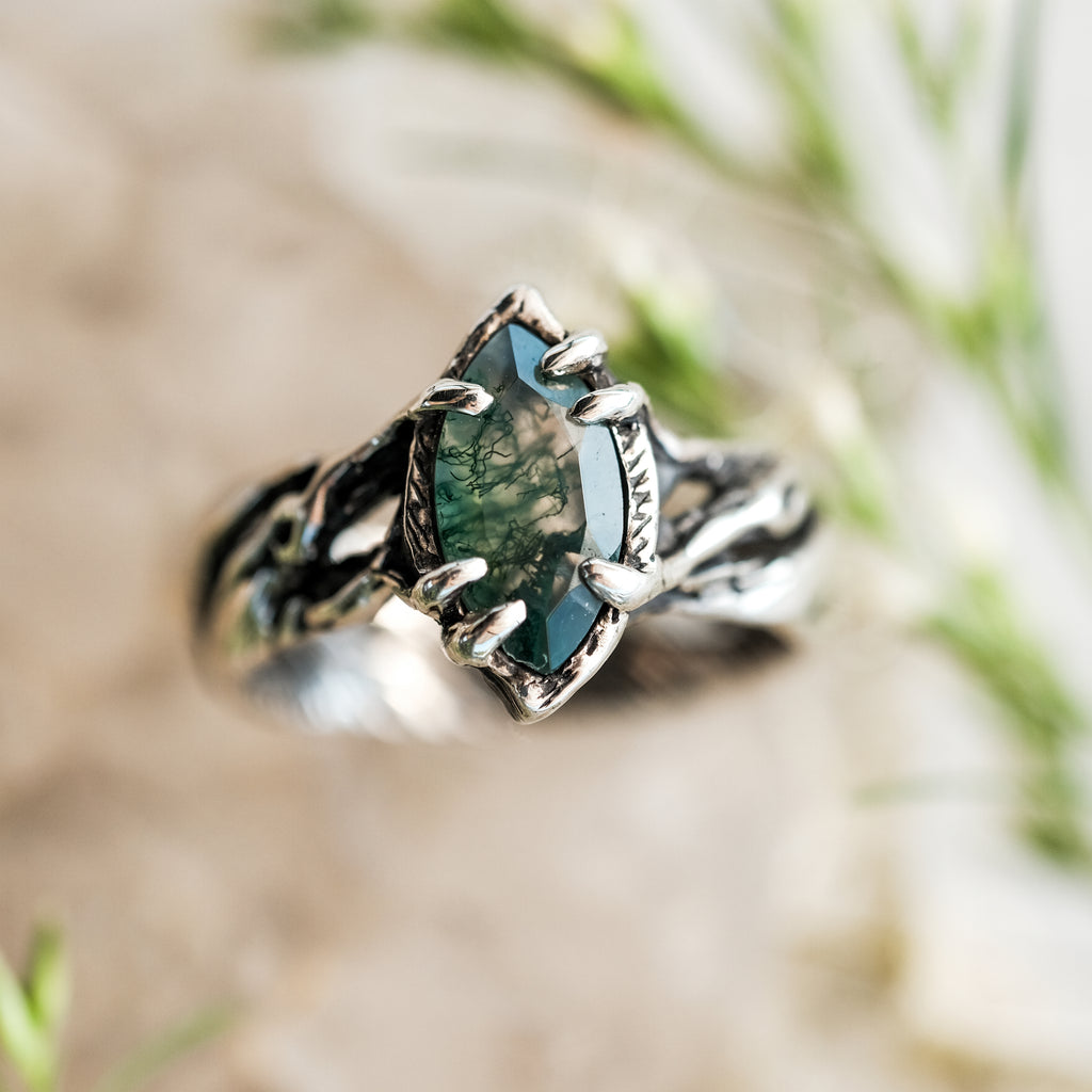 Silver Moss Agate Ring "Vivienne"