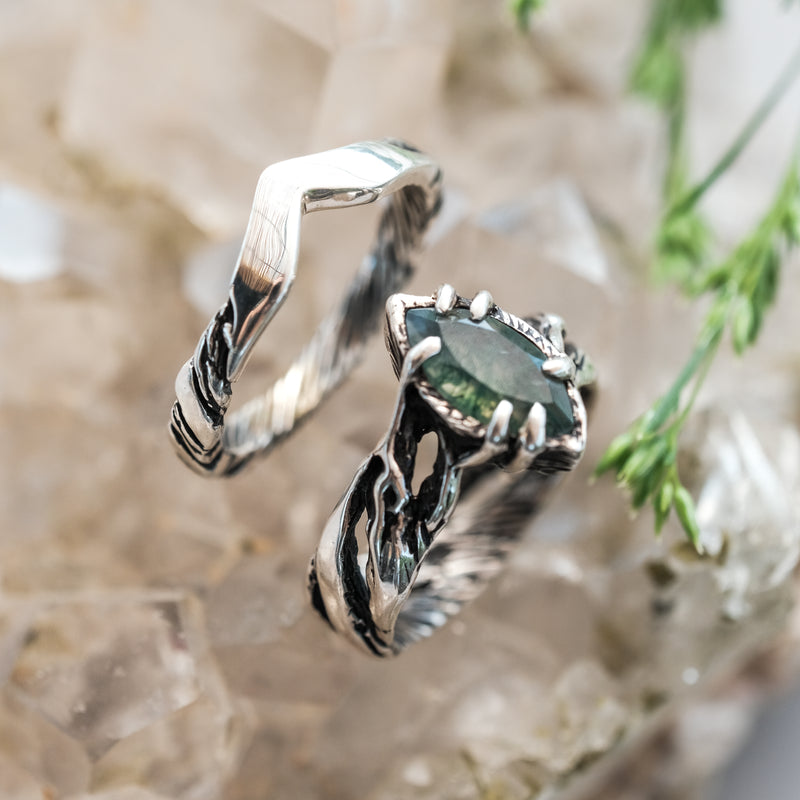 Sterling Silver Moss Agate Ring Set Vivienne