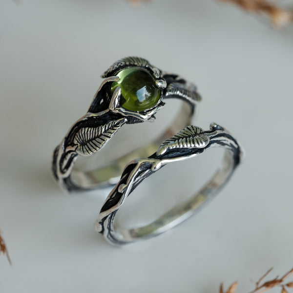 Natural Peridot Engagement Ring set 