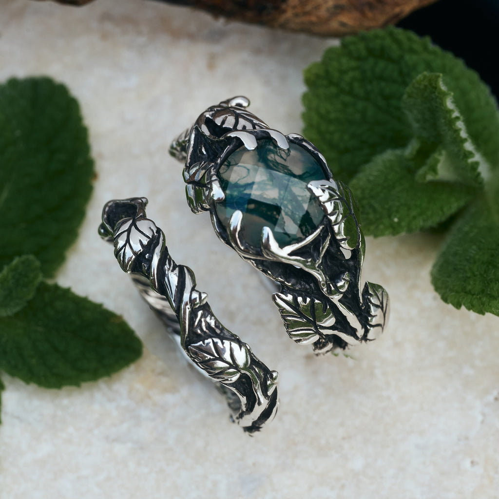 Moss Agate Engagement Ring Set “Sierra"