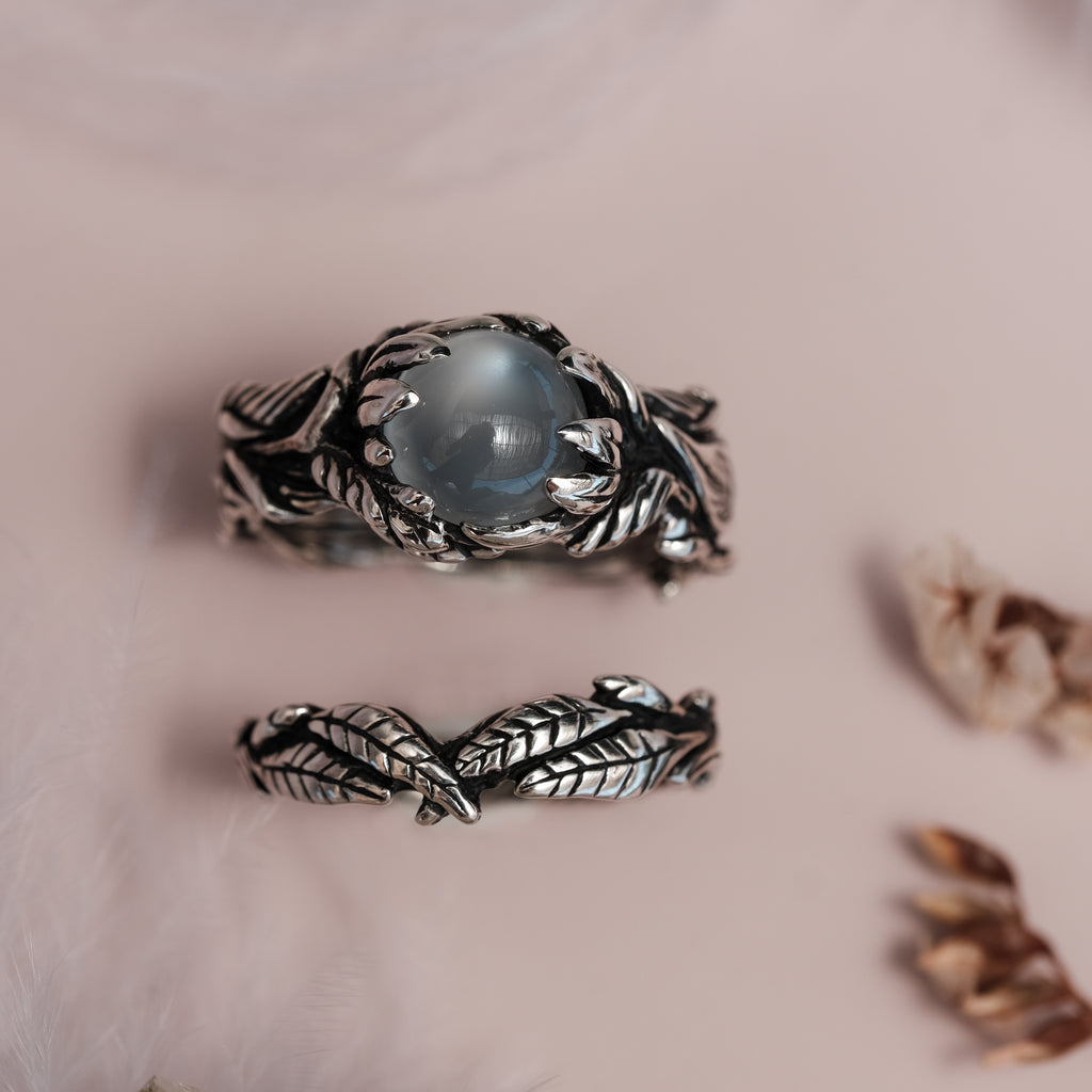 Vintage Moonstone Engagement Ring Set