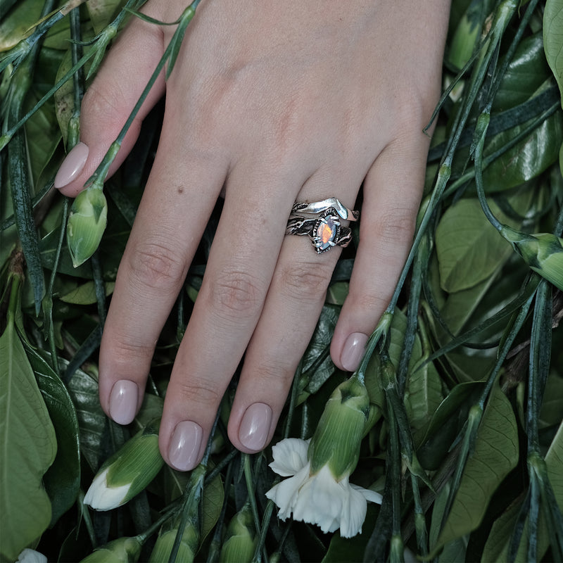 Engagement Fire Opal Ring Set of 2 "Vivienne" on hand