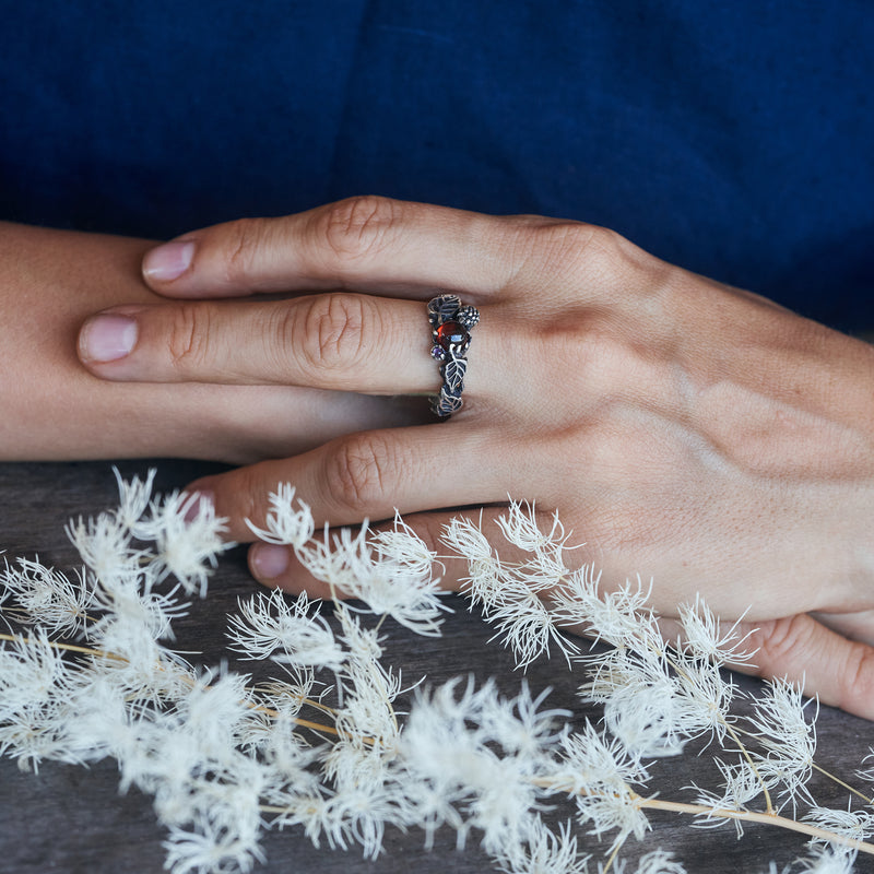 Garnet ring 'Raspberry" on hand