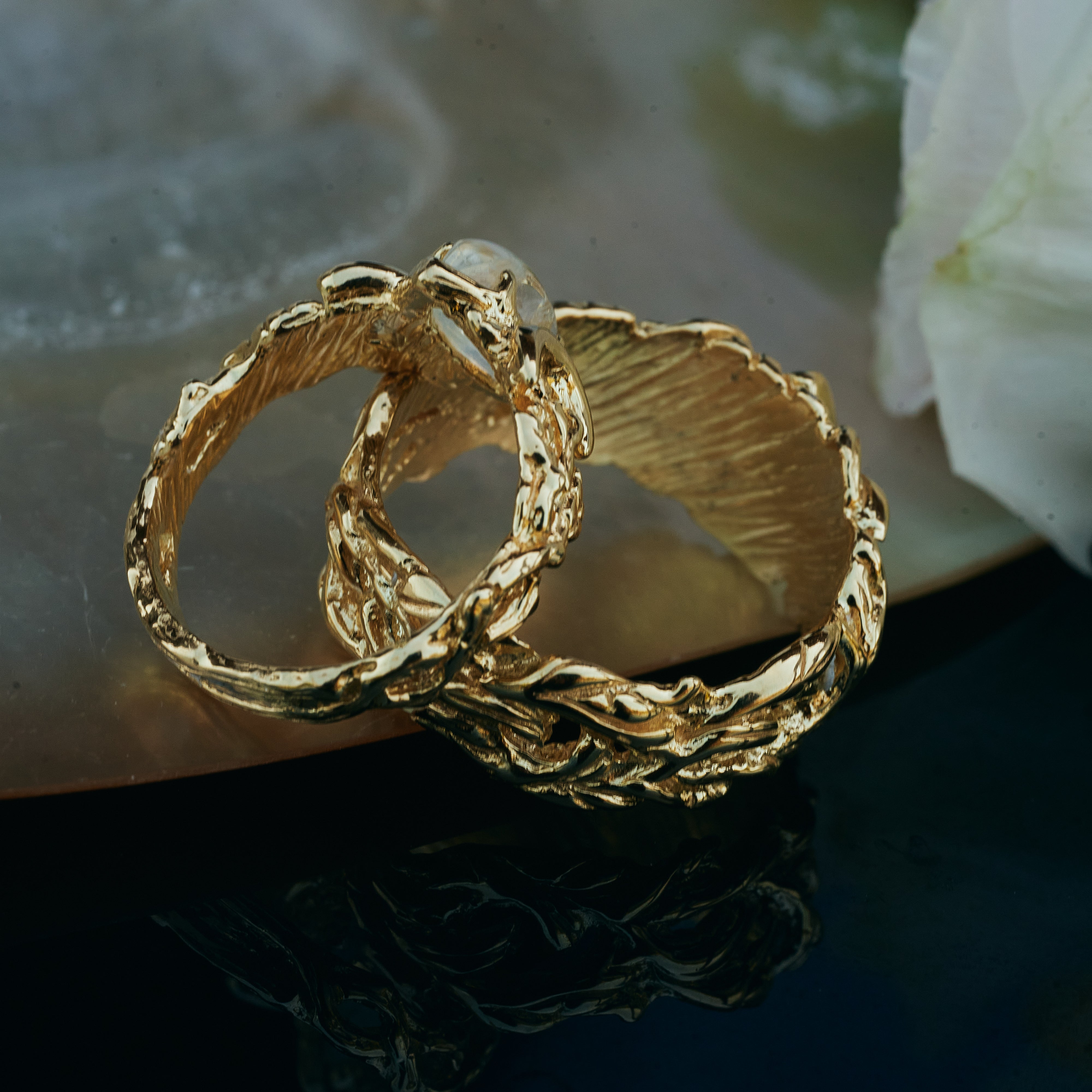 Soma 14K Gold Wedding Ring Set – Moonstone Engagement ring & Mens Band