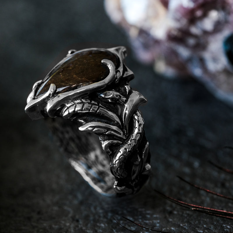 Ammolite Silver Gothic Ring Ophion