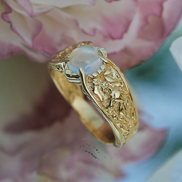 Solid Gold Moonstone Engagement ring "Wolf"