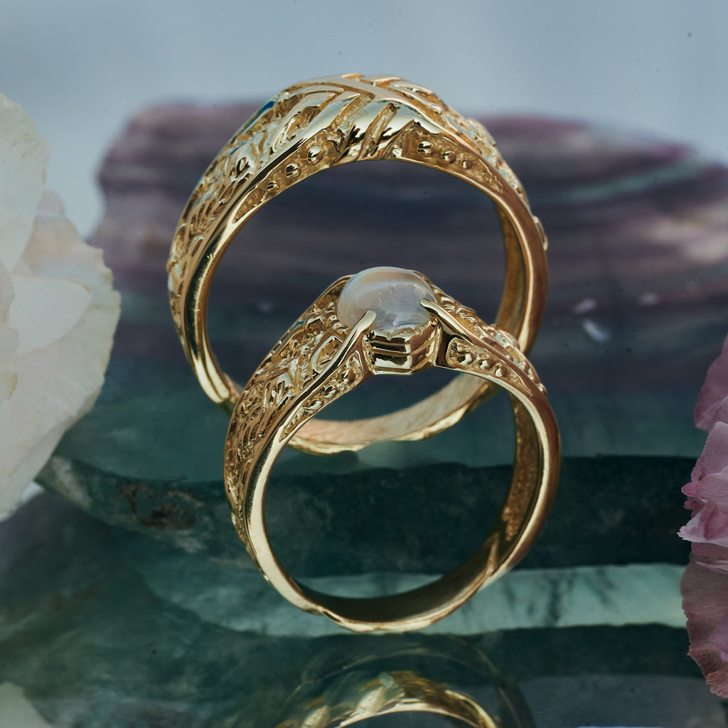 Solid Gold Wedding Ring Set with Moonstone 