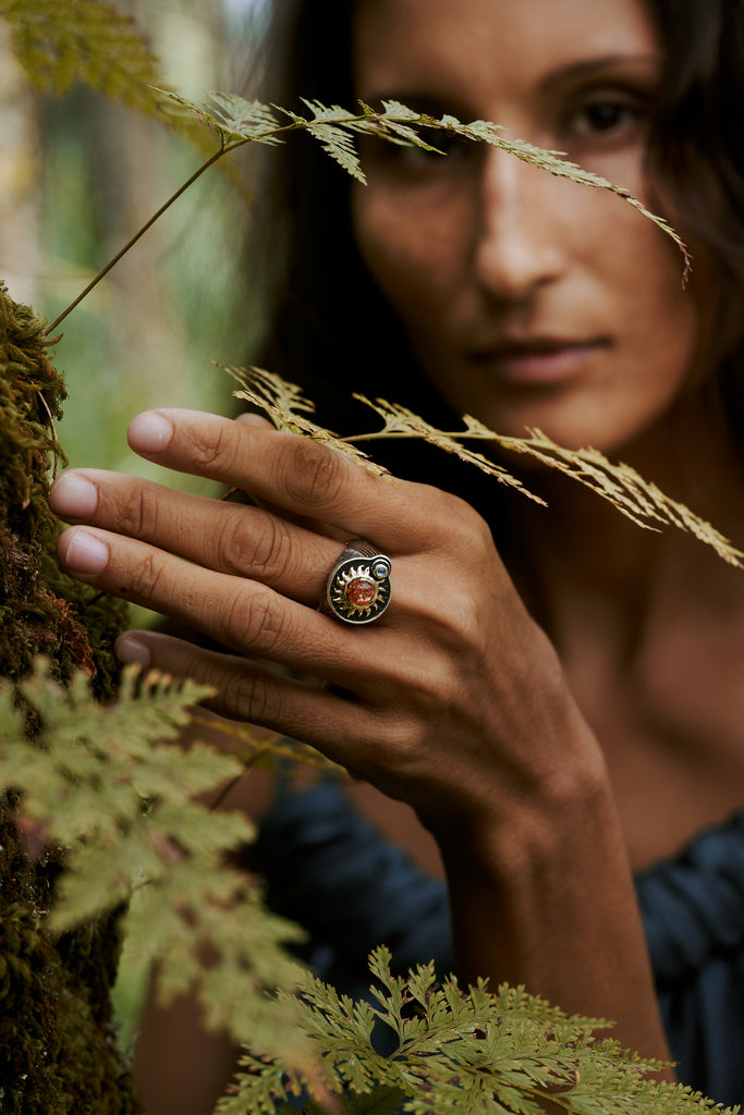 Sterling Silver and 14K Gold «Stargaze» Unisex Ring with Sunstone