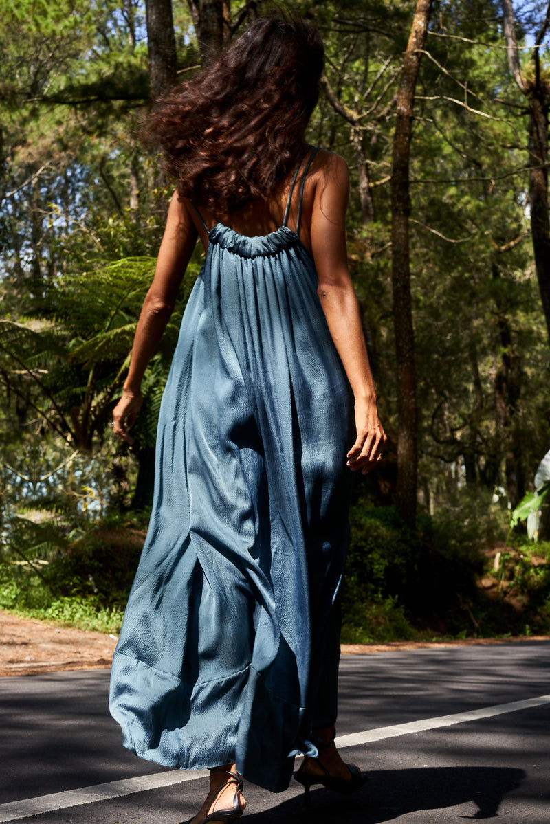 Silk Flowy Maxi Silk Dress “Athena” in Captivating Blue