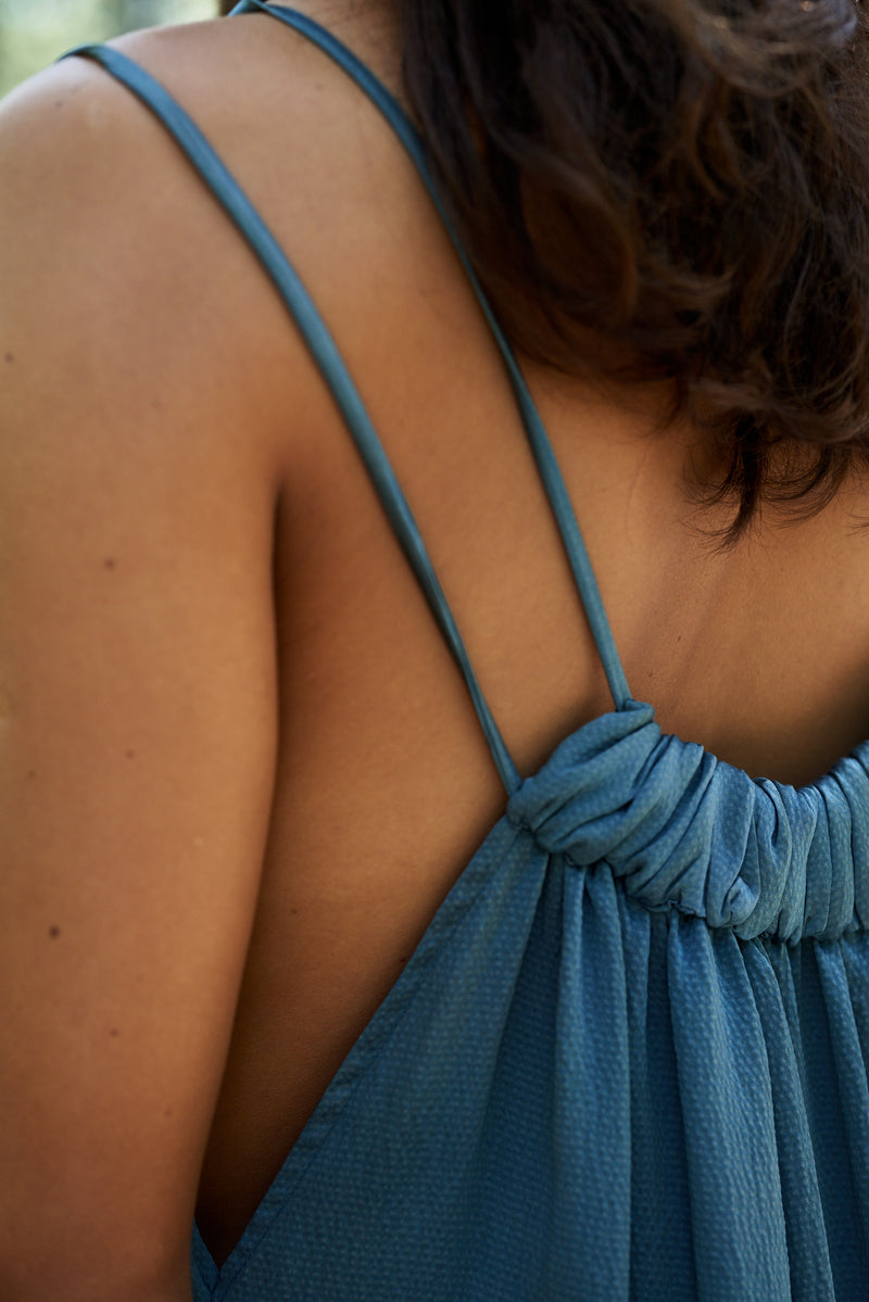 Silk Flowy Maxi Silk Dress “Athena” in Captivating Blue