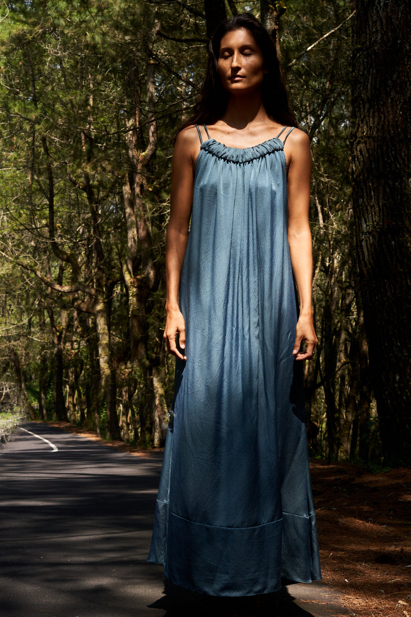 Silk Flowy Maxi Dress “Athena” in  Blue Color