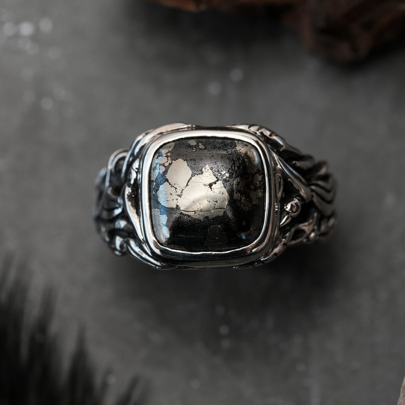 Medieval ring with Love Birds and Pyrite Gemstone