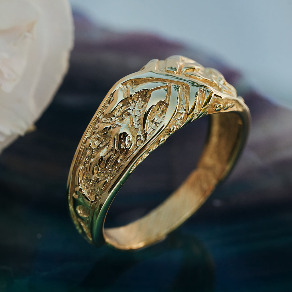 Mens Solid Gold Wedding Band "Wolf"