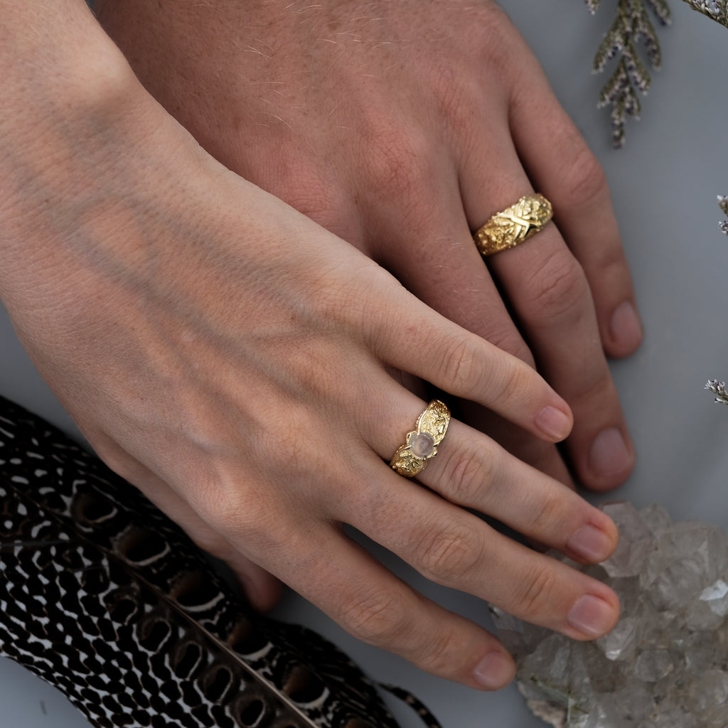 Solid Gold Wedding Ring Set with Moonstone 