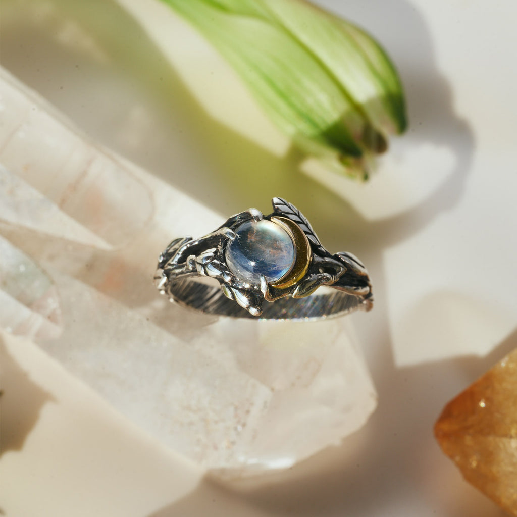 Rainbow Moonstone Ring,Crescent Moon Ring,925 Sterling Silver,All Size 3 to  14