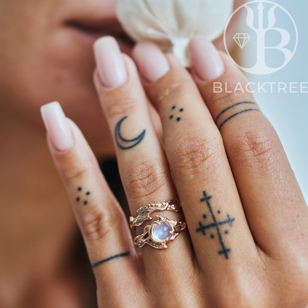 14K Gold Moonstone Ring Set "Luna" on hand